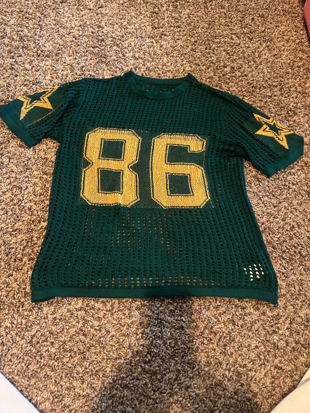 ROMWE Green Mesh Knit 86 Jersey Top Yellow Stars Size L